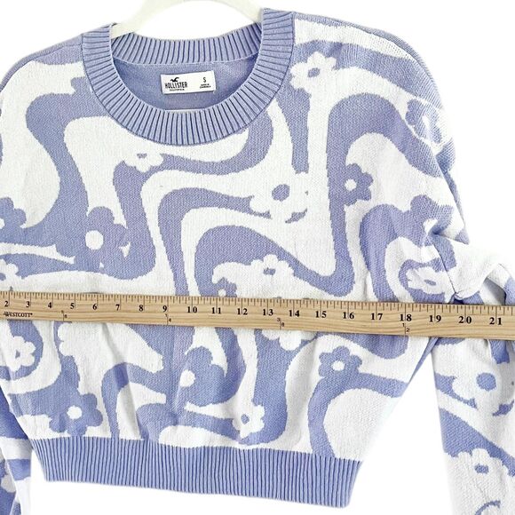 Hollister Purple Cropped Pullover S Groovy Hippie Sweater White Floral Waves - Picture 5 of 8